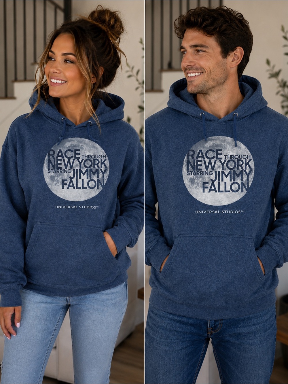 Universal Race through NY starring Jimmy Falon Heather Blue Hoodie- Unisex